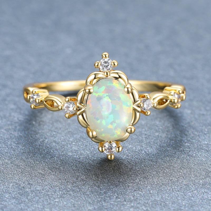 Cut Square Rainbow White Fire Opal Rings for Women Gold Color Horse Eye Zircon Charm Leaf Wedding Bands Party Jewelry