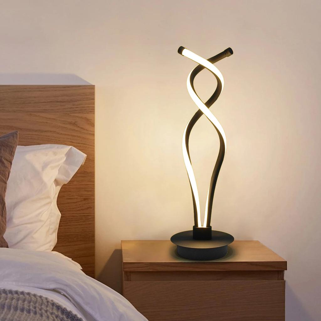 Bymaocar Modern Black Bedroom LED Spiral Table Lamp Bedside Desk Home Decoration Curved Light 6000K-6500K Low Energy Consumption