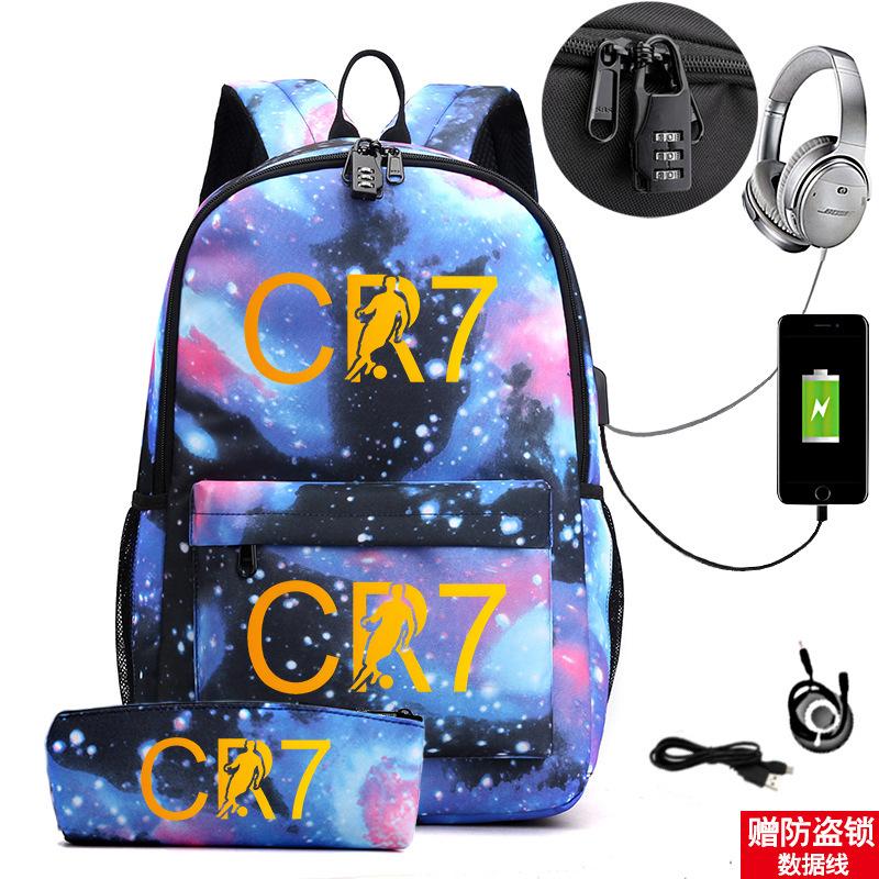 Star Peripheral Printing Cr7 Schoolbag Leisure Travel Multi-Functional Backpack Student Pencil Case Two-Piece Set