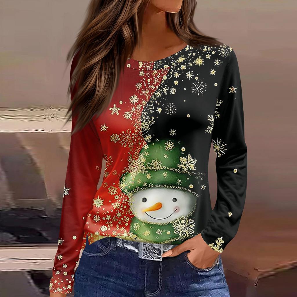 Women's 3D Gradient Striped Santa Claus Head Print Round Neck Long-sleeved T-shirt Top