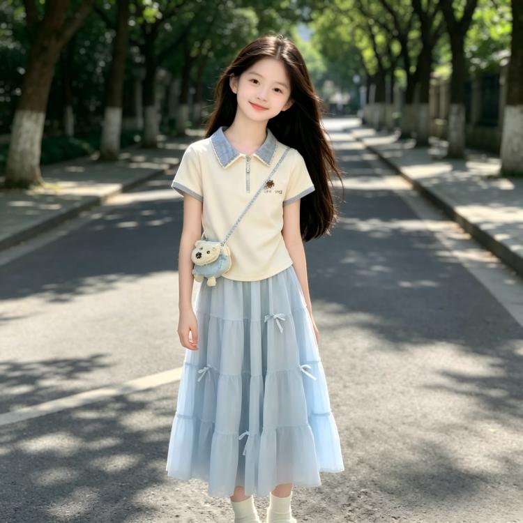 Girl's Polo Collar Half Skirt Korean Sweet Set