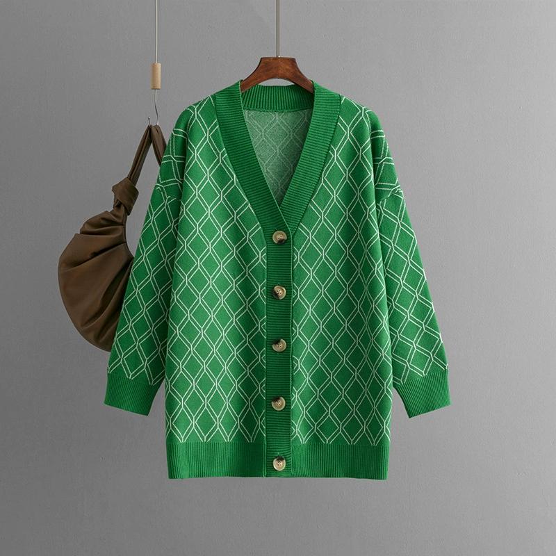 Autumn and Winter New V-neck Cardigan Sweater Cross-border Women's Casual Loose Diamond Grid Knit Sweater Jacket
