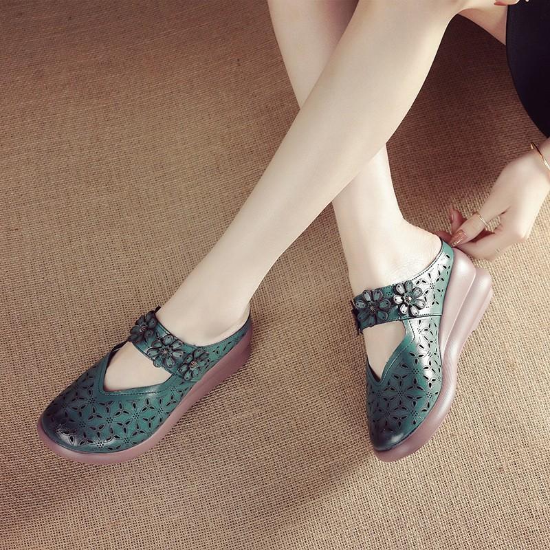 

New casual thick-soled comfortable women s slippers hollow leather sandals home slope heel non-slip slippers 40 зелёный