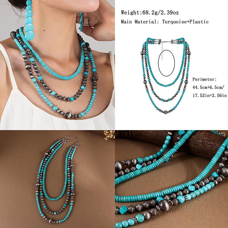 Sommer Perlen Mehrschichtig Türkis Halskette Ethnischer Stil Kaktus Strand Choker Anhänger Retro Westlich Land Halskette Geschenk