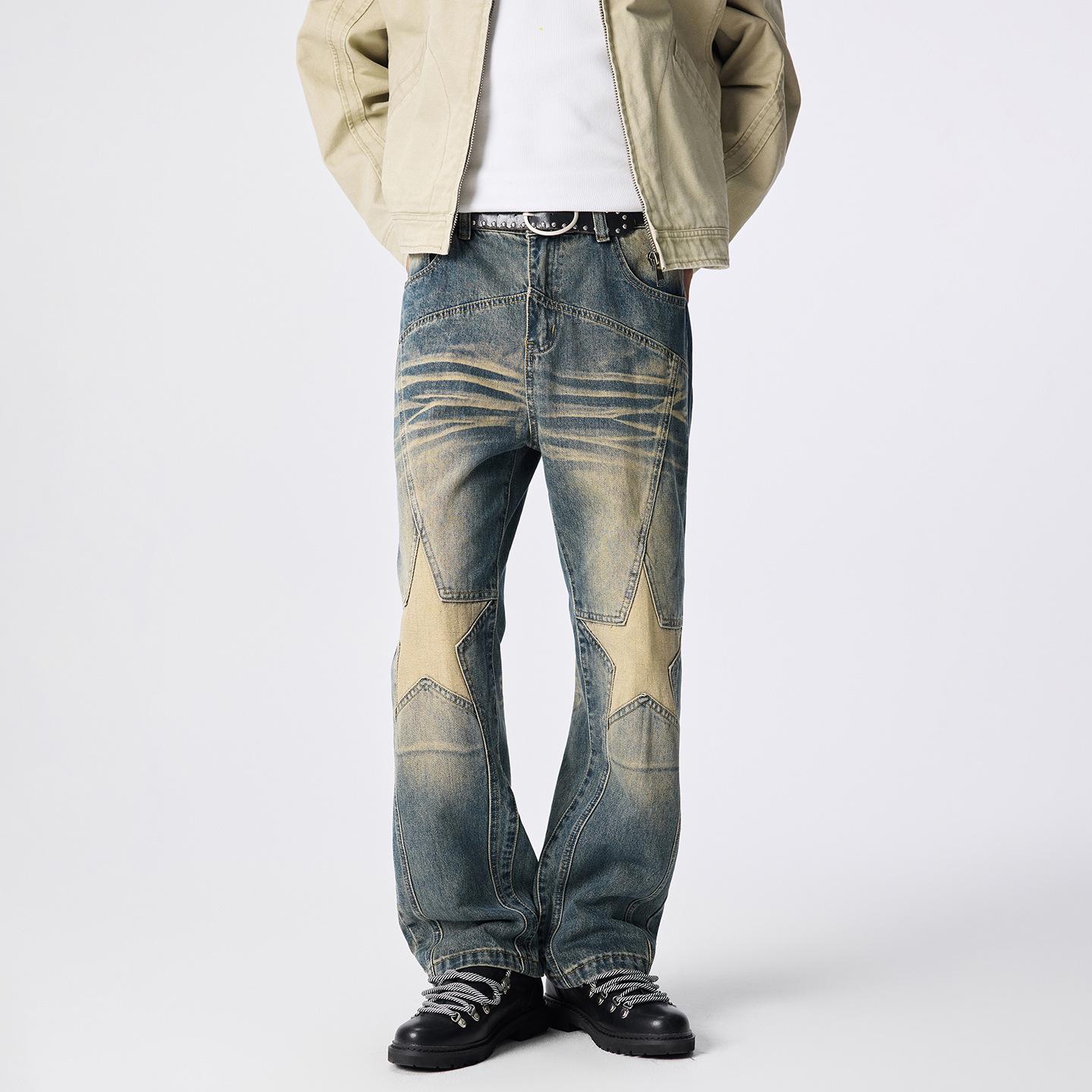 

Men s Star Retro Patchwork Straight Leg Jeans - Autumn Casual Wide-Leg Pants M