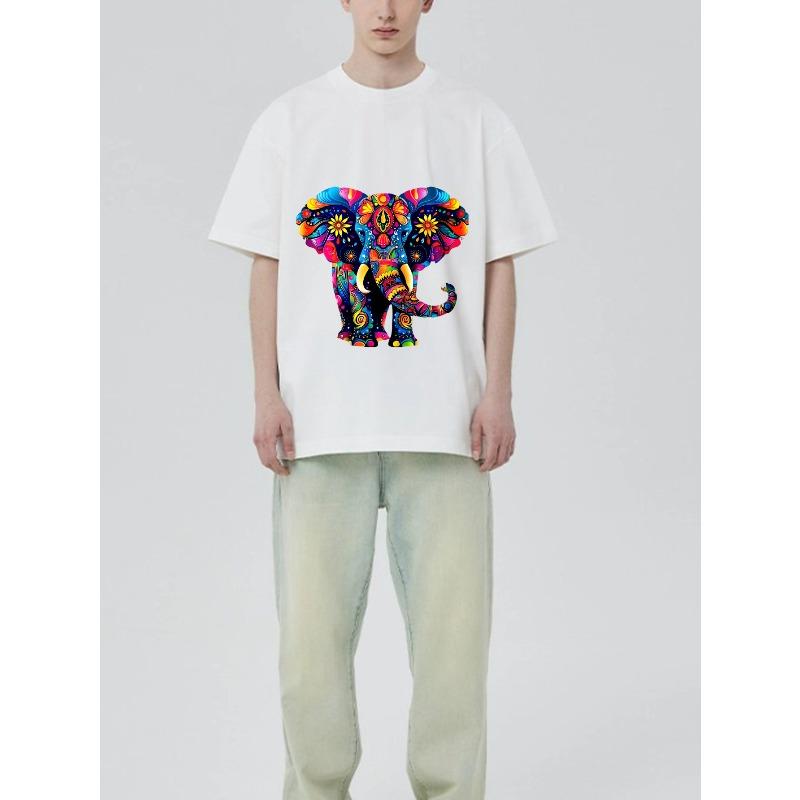 Colorful Elephant Pattern T Shirt Black Psychedelic Animal Print Unisex Casual Wear For Men Women Streetwear Fashion Top