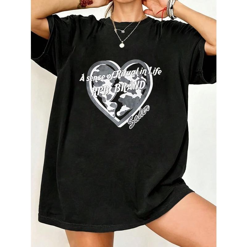 

Oversized T Shirt Black Heart World Map Print With A Sense Of Ritual In Life And Ptb Brand Sader Text For Casual Wear XXXXL чёрный