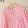VONDA Summer Women V Neck Crochet Lace Splicing Loose Casual Long Sleeve Blouse