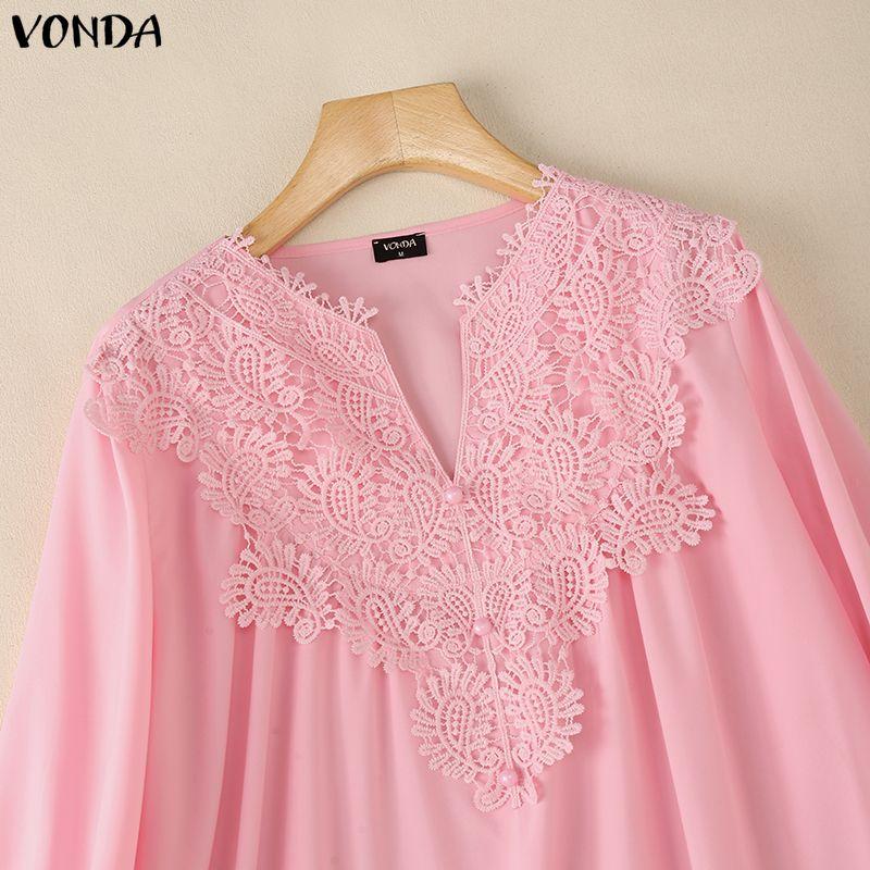VONDA Summer Women V Neck Crochet Lace Splicing Loose Casual Long Sleeve Blouse