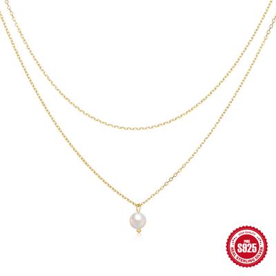Wind S925 Sterling Silver Daily Temperament Generous Matching Double Layer Stacked Basic Chain Pearl Women'S Necklace