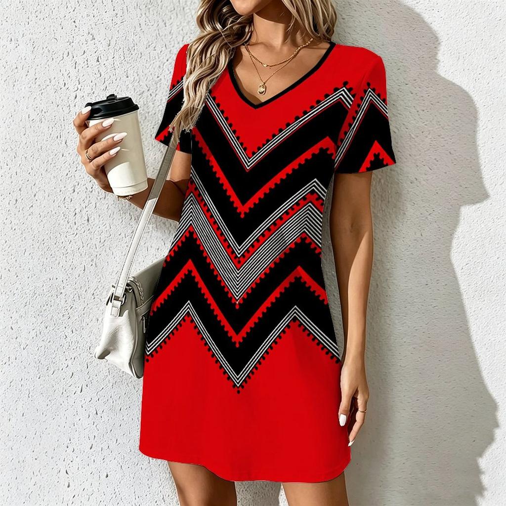 Summer Fashion Women's V Neck Short Sleevecontrast Color Printing Printed Dress Sex Short Skirt Dresses