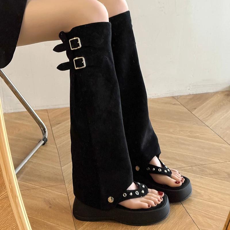 

Модные ретро двухкомпонентные брюки-ботинки, летние дышащие шлепанцы на толстой подошве, универсальные вырезанные модные ботинки, ультравысокие каблуки 35 чёрный