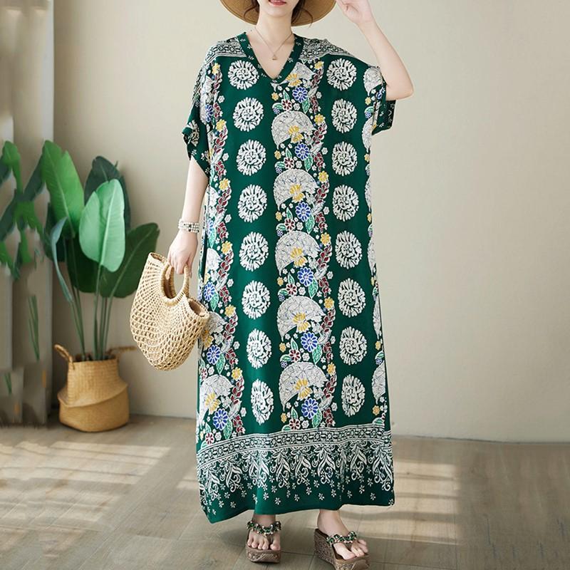 Short Sleeve Plus Size Cotton Satin Vintage Floral New In Dresses for Women Casual Loose Long Summer Dress