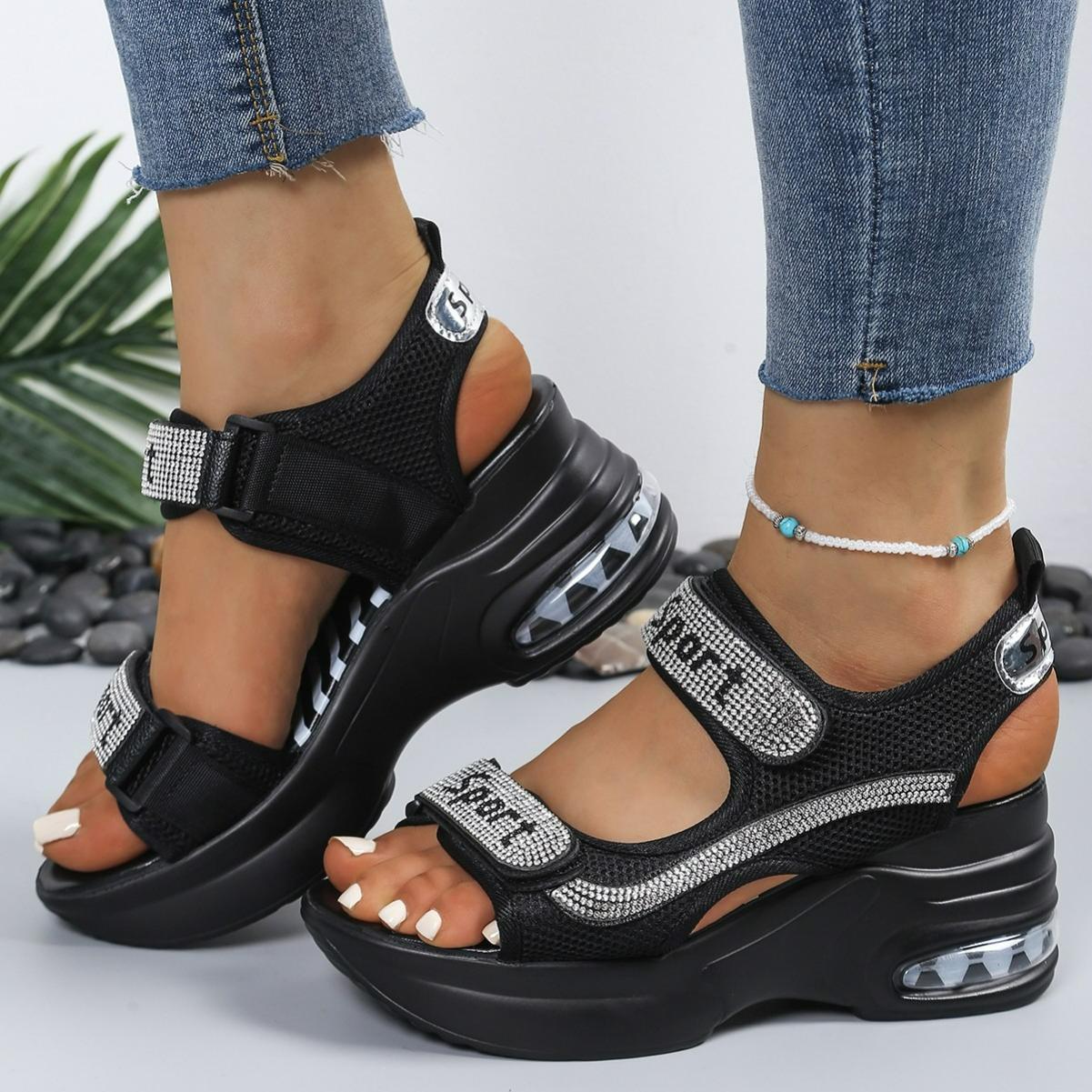 

Thick-soled Plus Size Stitching Fashion Sandals Women s Sports Style Velcro Rhinestone All-match Roman Sandals 42 чорний