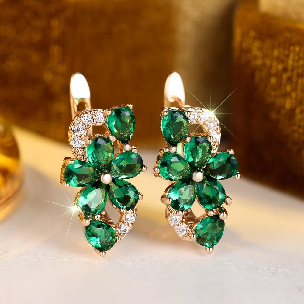 Exquisite Blue Green Purple Pink Zircon Flowers Drop Earrings for Women Gold Color Wedding Party Jewelry Gift