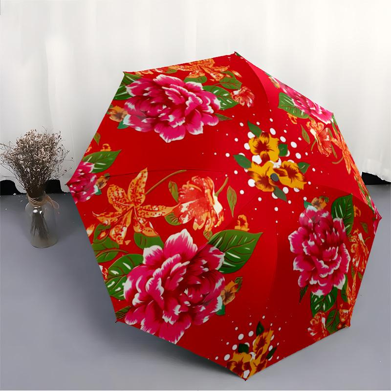 1pc Floral Fabric Automatic Folding Umbrella - 8-Rib Iron Frame, Windproof, Portable Sunshade with Plastic Handle for Travel & Outdoor Activ