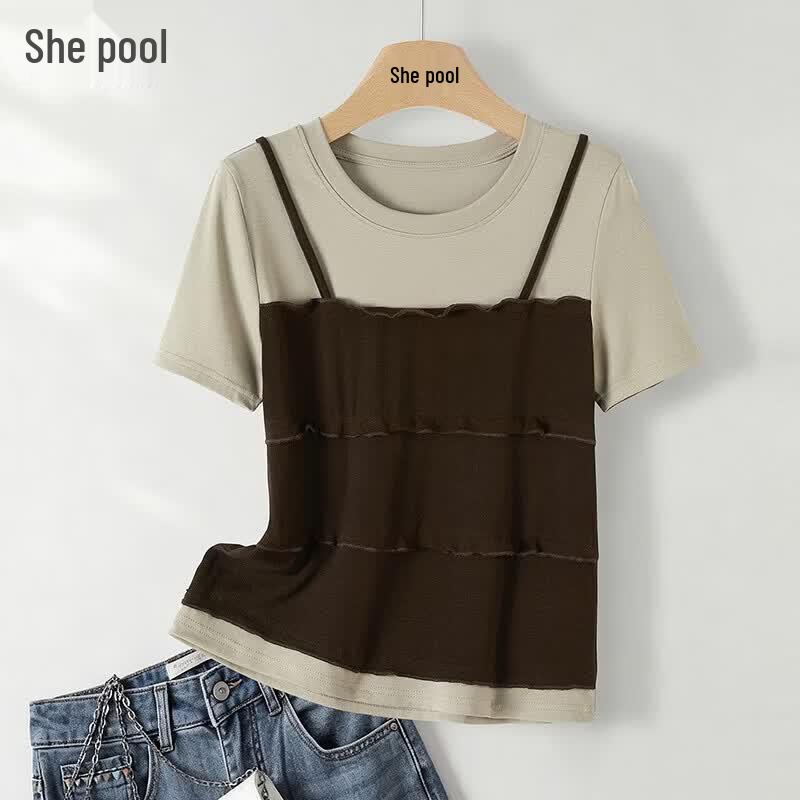 Women s Faux Two-Piece Color Block Ruffle Trim Short Sleeve T-Shirt S