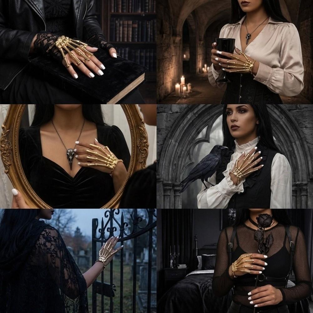 Adjustable Skull Bone Bracelet Retro Texture Halloween Hand Chain Gothic Finger Bangle Cosplay
