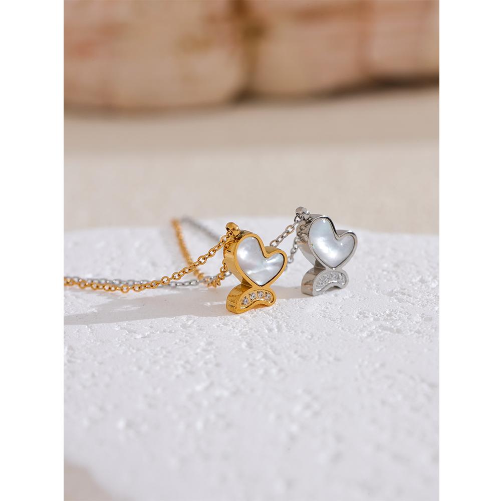 Yhpup Chic Natural Shell CZ Butterfly Pendant Necklace Fashion Luxury Stainless Steel Premium Jewelry Attractive Daily Gift