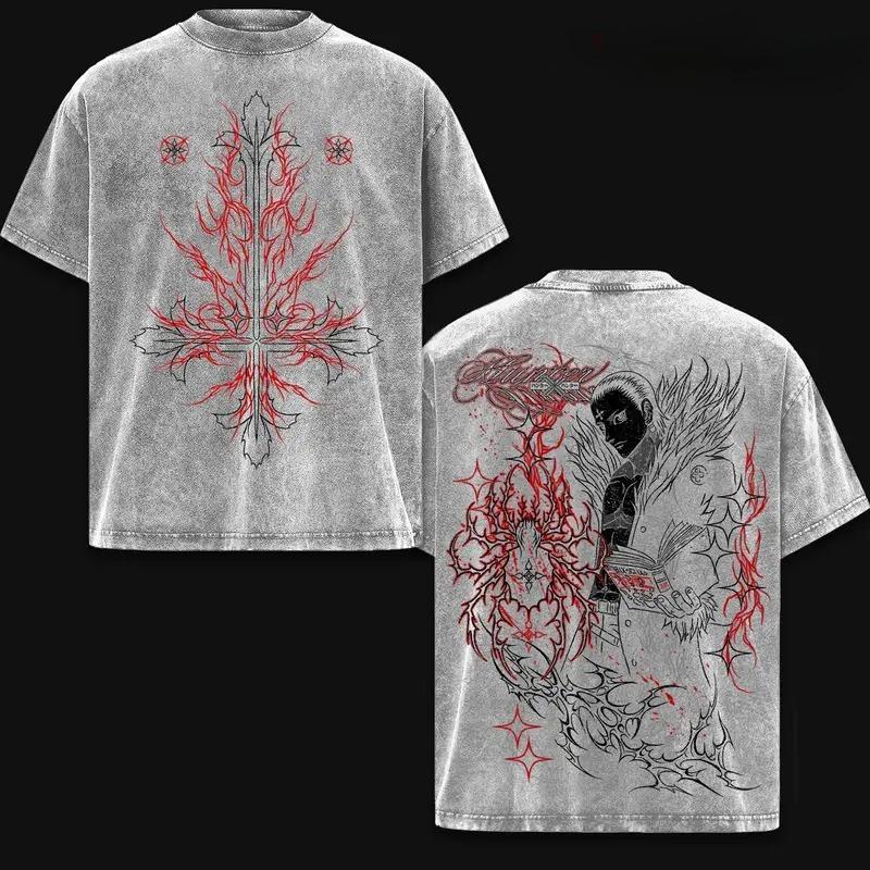 

Hot Anime Hunter x Hunter Chrollo Clothing Men Women Short Sleeve Tshirts Washed Cotton Tee Oversized T-shirt Harajuku T Shirt XXL сірий колір