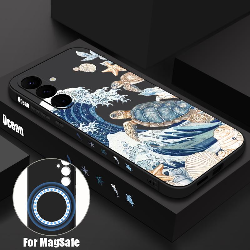 Ocean Wave Whales Pattern Case For Samsung Galaxy S26 Ultra S25 FE S24 S23 S22 Plus S21 FE Built-in Metal Plate Magnetic Silicone Cover
