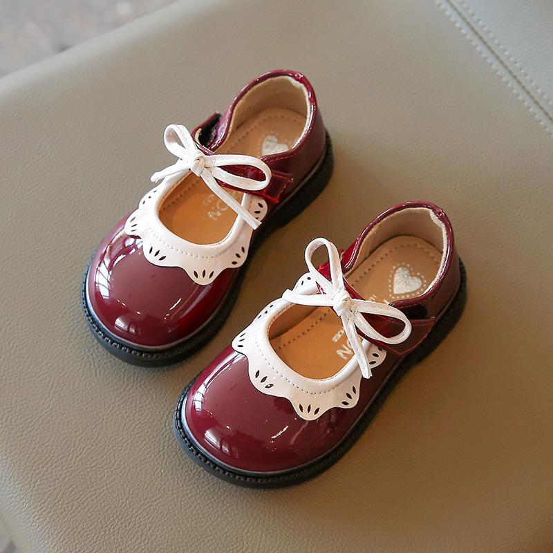 

Girl s Princess Shoes Wine Red Black Ruffles Elegant Patent Leather Bowknot Children Flat Shoes 21-35 Toddler Kids Single Shoe 21