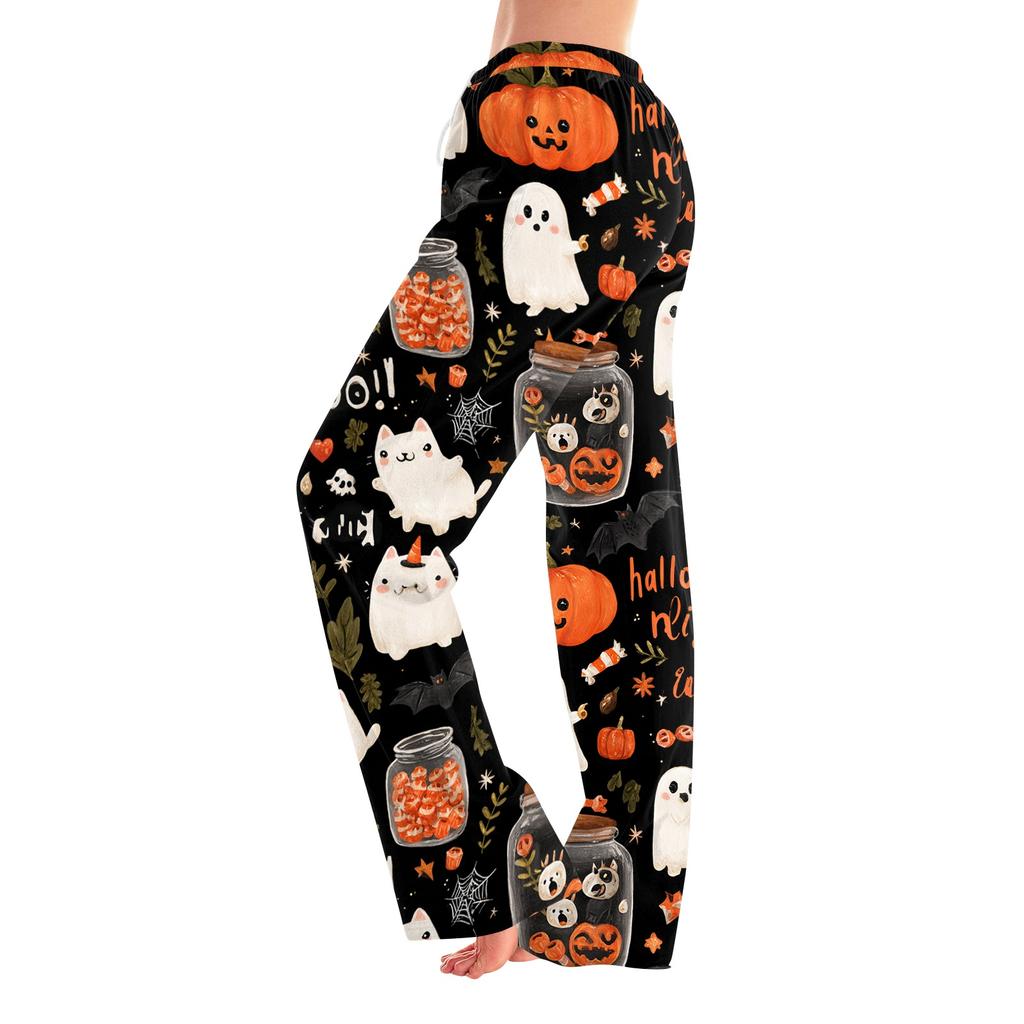 Women's Halloween Print Pants with Elastic Waist and Drawstring for Casual Home Sleepwear