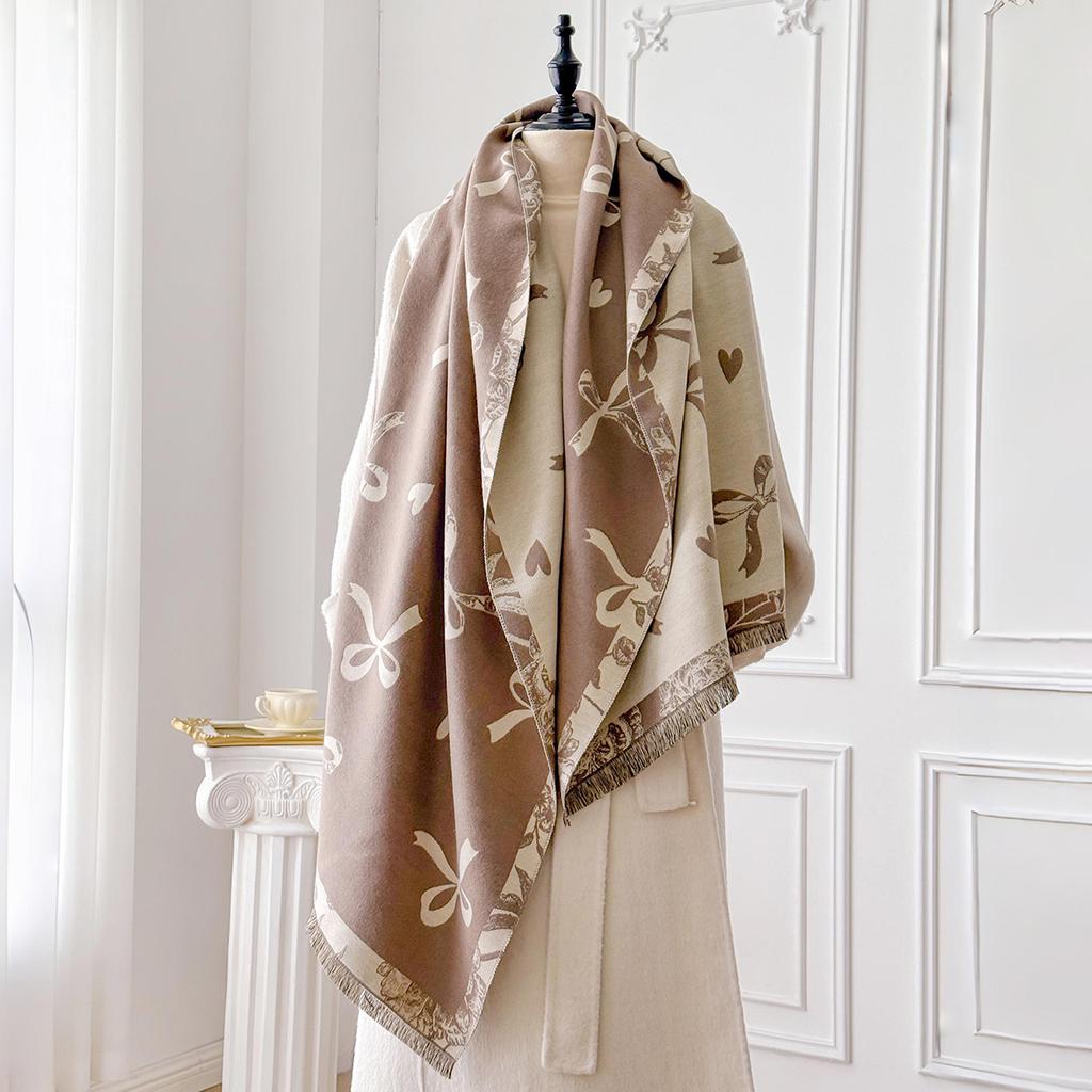 Women New Elegance Bow Print Scarf Winter Warmer Pashmina Two-Sided Scarves Female Shawls Thick Blanket Wraps Foulard Scarf