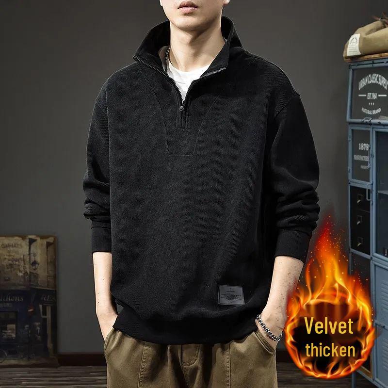 Men's Retro Fleece-Lined Patchwork Pullover: 2025 Autumn/Winter Stand Collar Polo with Half-Zip & Long Sleeves