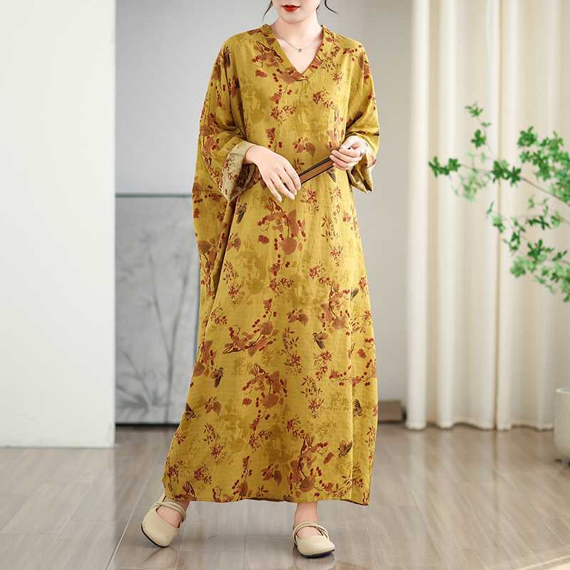 Colorful V-neck Retro Long Skirt Cotton Linen Dress