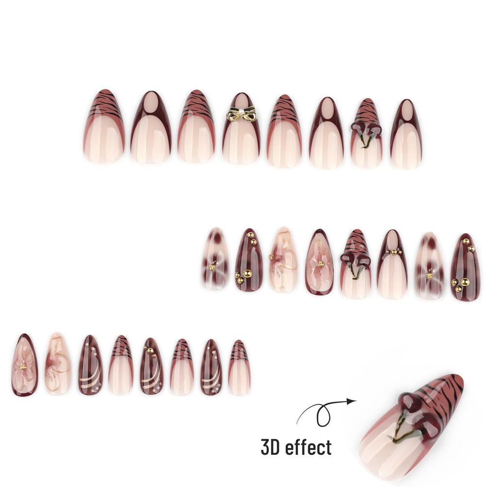 3D Cherry Blossom Almond Press-On Nails for Autumn and Winter