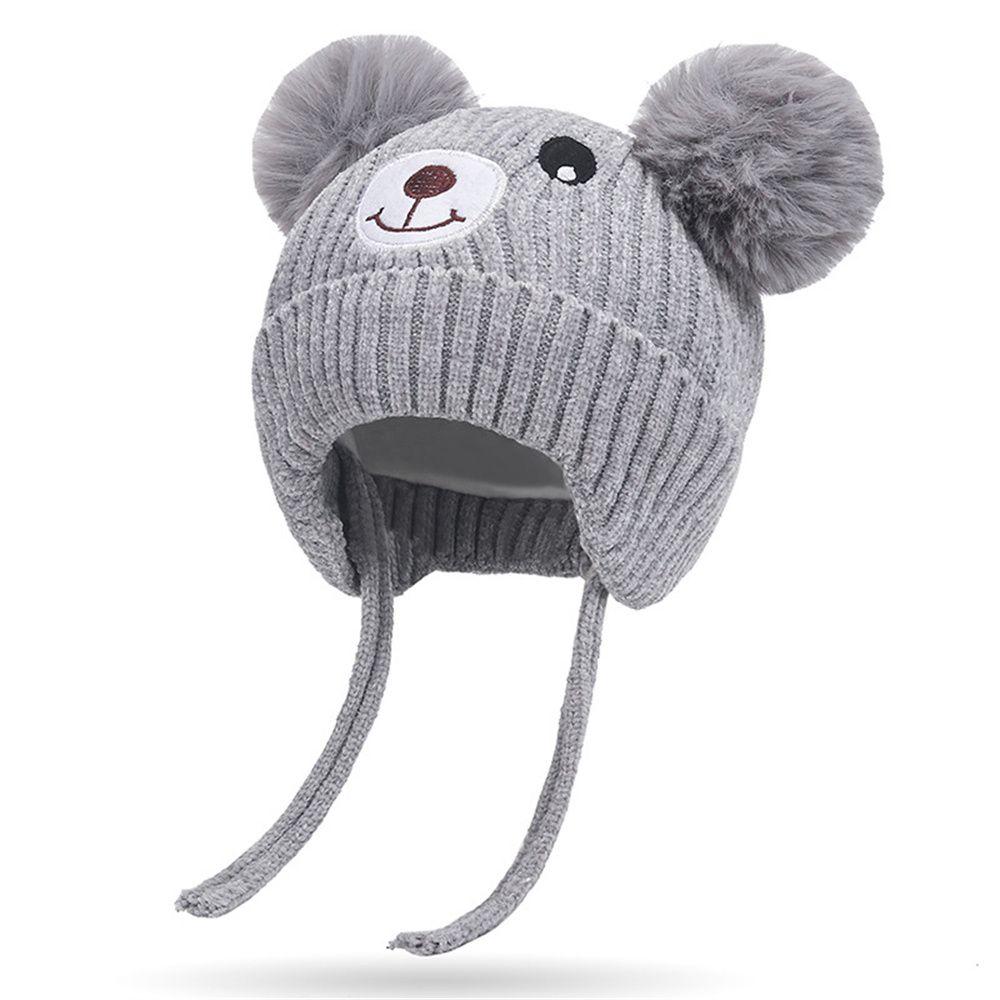 Hooded Scarf Bear Knitted Hat Winter Pompom Baby Hat Fleece Lining Earflap Cap Toddler Beanie