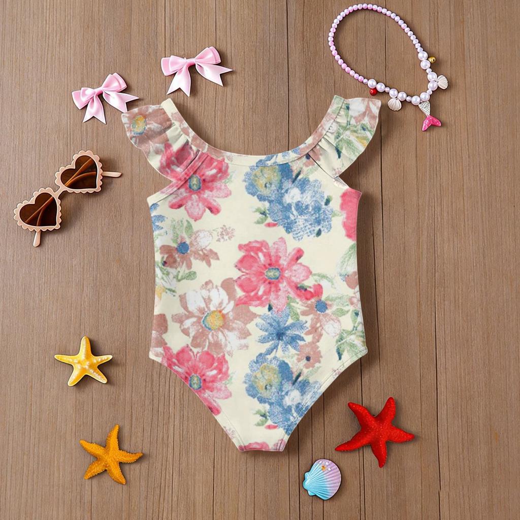 Girls One Piece Swimsuit Floral Print Sleeveless Ruffle Shoulder Design Lightweight Comfortable Fabric Suitable for Summer Beach Pool Swimwear