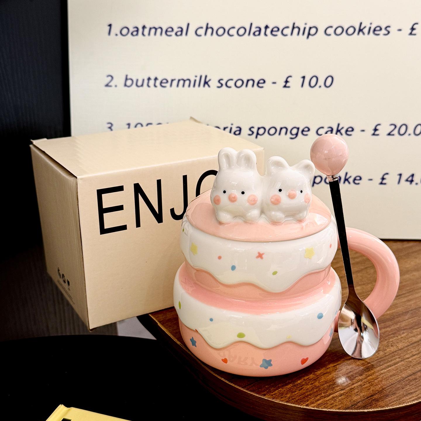 

Cute Pink Rabbit Ceramic Mug With Lid Spoon High-Value Breakfast Cup Girl Heart Personalized Gift Souvenir 500ml