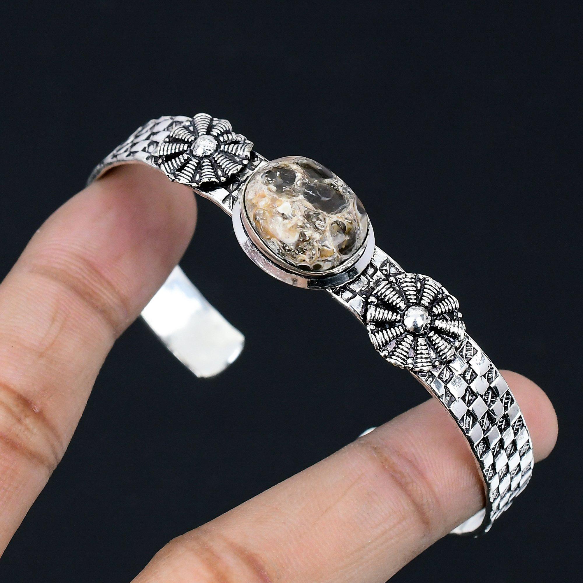 

925 Silver Turritella Agate Stone Anniversary Engagement Wife New Bangle Jewelry Adjustable