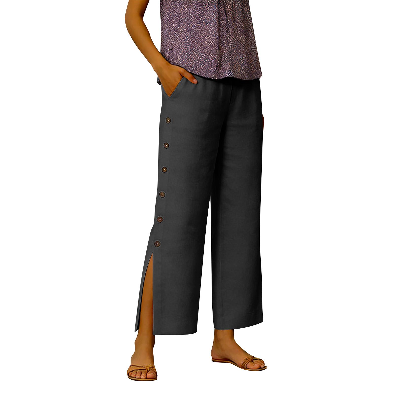 

Women s Casual Fashion Cotton-Linen Blend Pants With Side Pockets M чёрный