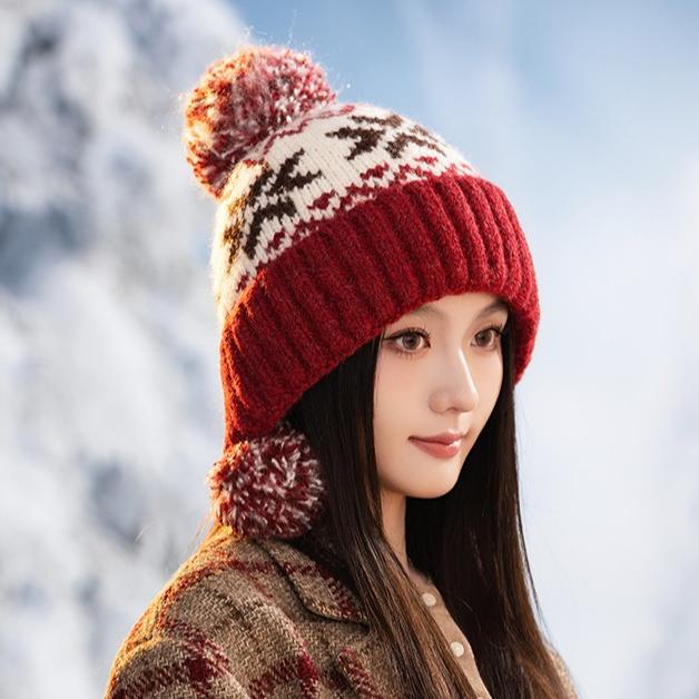 Chapeau Tricoté Jacquard Rétro d'Hiver pour Femmes, Chaud, Pelucheux, Épaissi, Anti-Froid, Laine, Chapeau Décontracté d'Extérieur