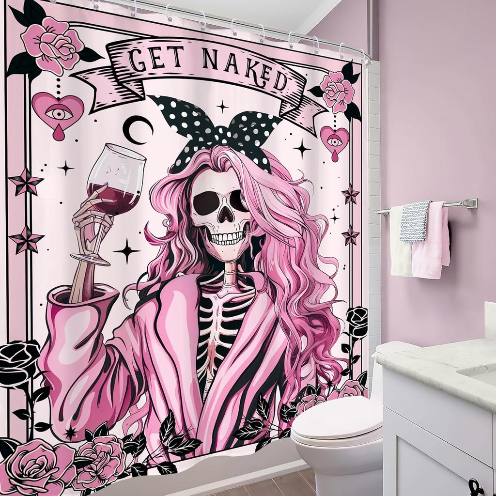 Funny Skull Skeleton Shower Curtain Halloween Pink Girl Gothic Spooky Black Flower Rose Floral Red Wine Unique Scary Women
