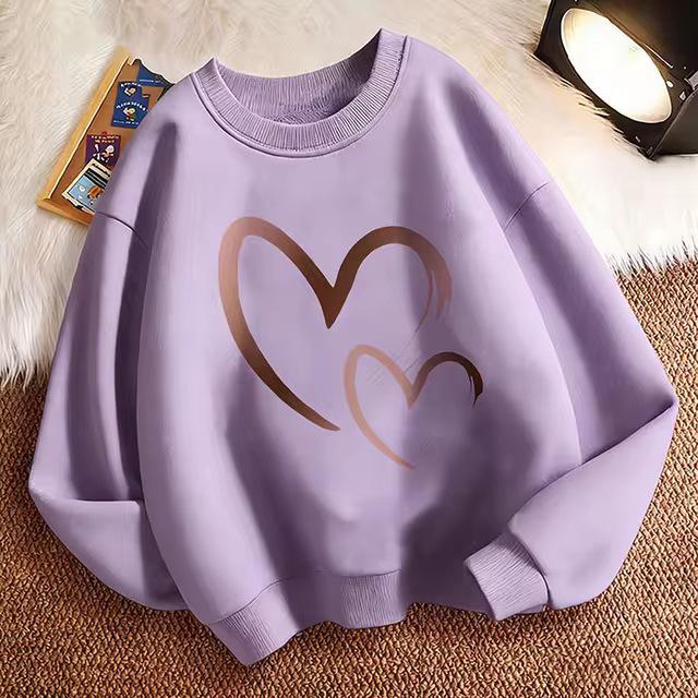 Chic Heart Print Girl's Pullover Sweatshirt - Spring O-neck Hoodie
