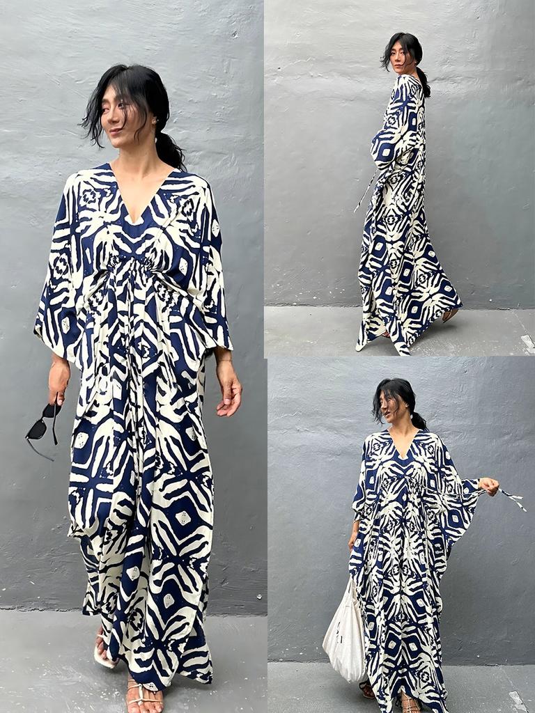 Cotton Drawstring Holiday Beach Dress Women's Sunscreen Loose Large Size Long Dress Bikini Overcoat