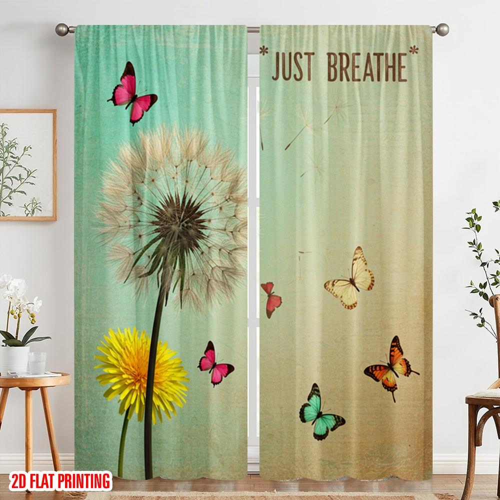 2 Stück 2D Flachdruck Vorhang Löwenzahn Schmetterling Einfach Atmen Polyesterstoff Ohne Strom 0 Verwendung für Innen