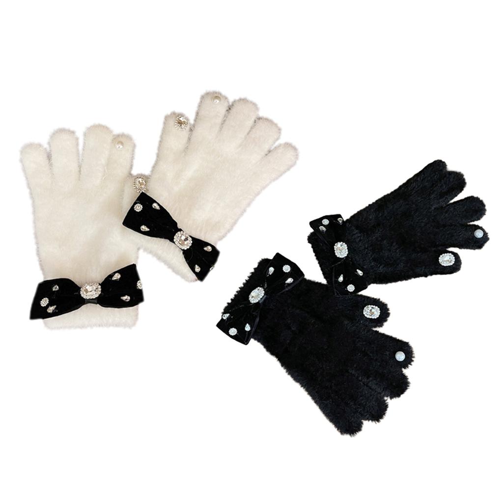 Rhinestone&Bowknot Decor Knitted Gloves Winter Full Finger Mitten Thicken Warm Christmas Black/ White Gloves for Girls