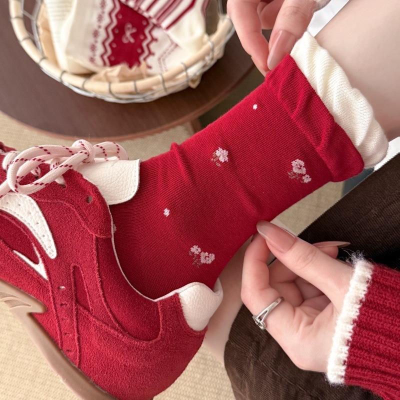Bow Stripe New Year'S Big Red Socks Women'S Mid-Tube Socks Pure Cotton Edge Horse Year Stockings