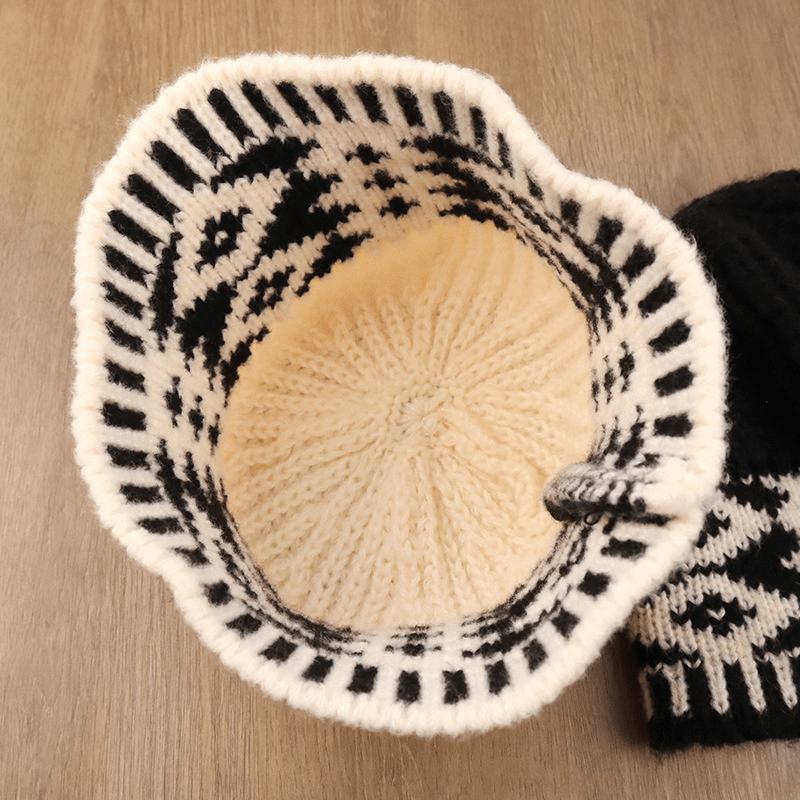 Vintage Karierter Damen Bucket Hat Winter Gestrickter Fischerhut Warmer Damen Glockenhut Hut mit Ohrenschutz Herbst und Winter Outdoor-Sport
