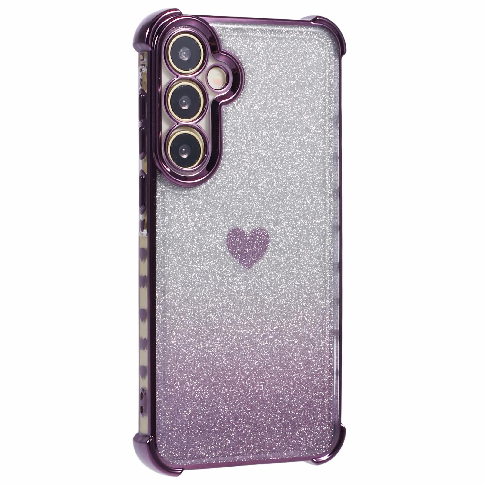 

For Samsung Galaxy A55 5G Phone Case Gradient Glitter Heart Electroplating TPU Back Cover Dark Purple