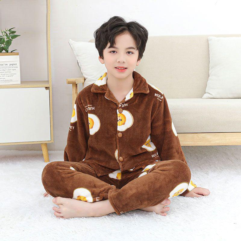 Flannel Boys' Pajama Set - Coral Fleece, Medium-Large, Plus Velvet, Thickened for Autumn/Winter