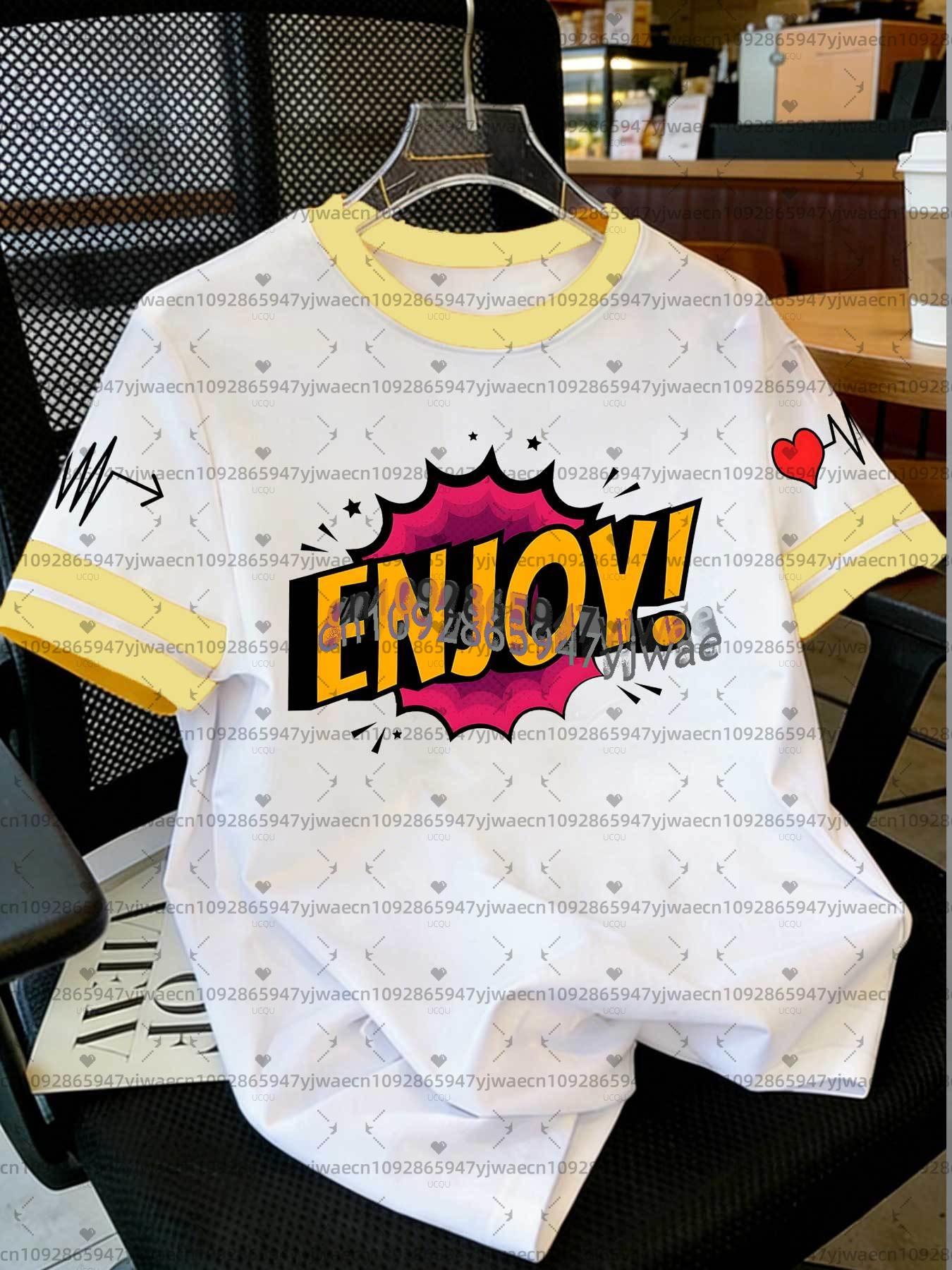 2026 Womens men plus size Short Sleeve stripe ENJOY Print T-Shirt Girl Round Neck Tee Outdoor Sports plus-size women s clothing XL