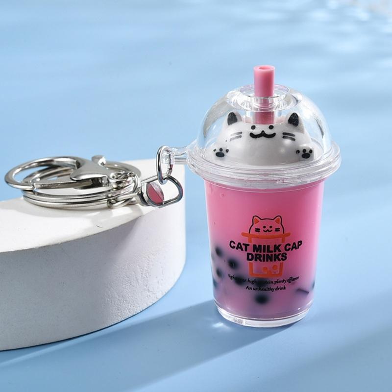 Přívěsek kočka Bubble Tea Kreslený Mléčný Čaj Přívěsky Klíčenky Módní akrylové kroužky na klíče Šperky na batohy a telefon