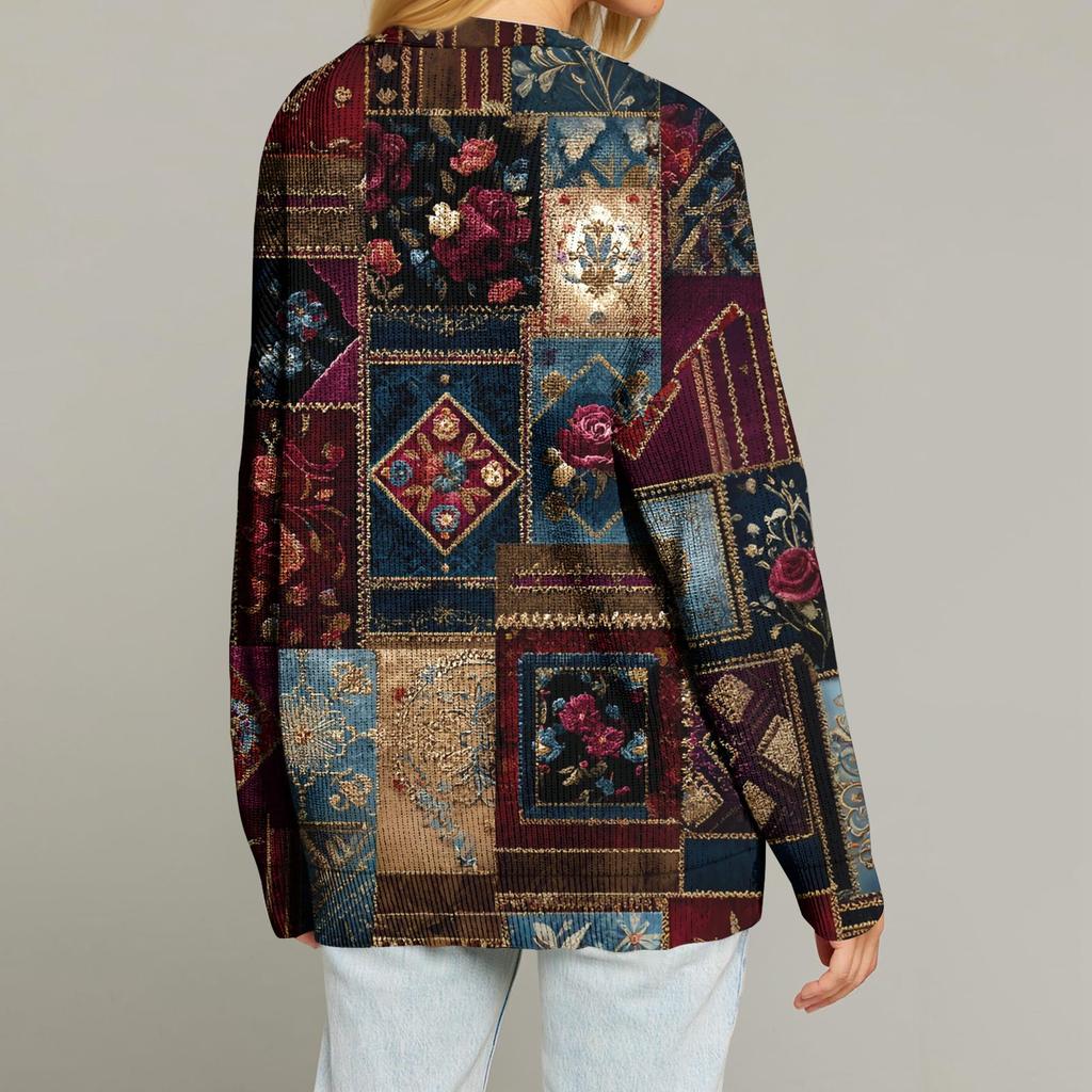 Women's Fashion Long Sleeve Print V-Neck Button Loose Cardigan Top