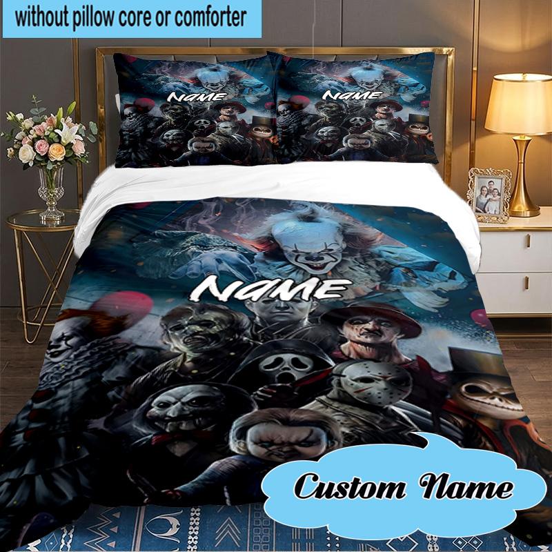 Custom Name 3PCS Halloween Horror Christmas  Bedding Set Including 1pc Duvet Cover And 2pcs Pillowcases for Bedroom, Dormitory Gift Home Decor